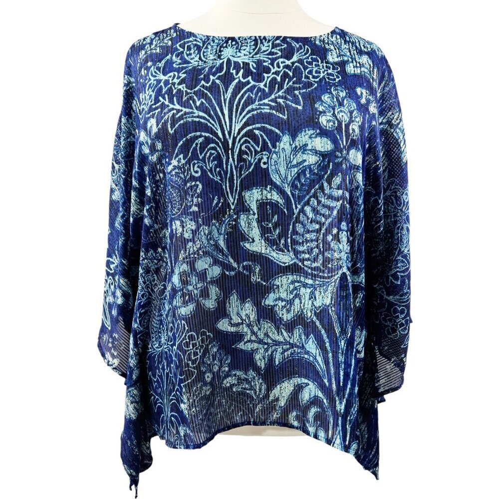 Bob Mackie Wearable Art Blue Floral Shimmer Poncho With Armholes Boho